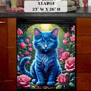 Preview of Blue Kitten and Pink Roses magnet in Extra Large size.