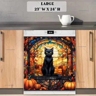 Preview of Stained Glass Black Cat and Pumpkins magnet in Large size.