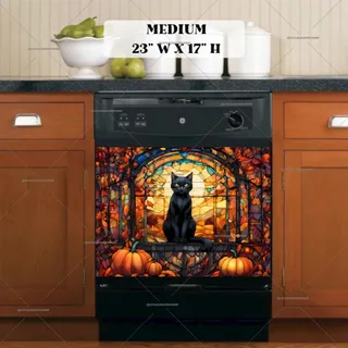 Preview of Stained Glass Black Cat and Pumpkins magnet in Medium size.