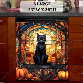 Preview of Stained Glass Black Cat and Pumpkins magnet in Extra Large size.