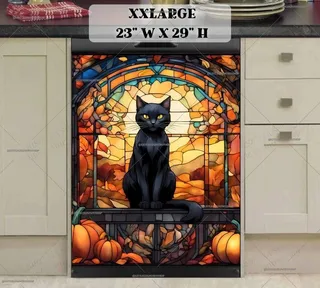 Preview of Stained Glass Black Cat and Pumpkins magnet in XX Large size.