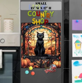 Preview of Stained Glass Black Cat and Pumpkins magnet in Small size.