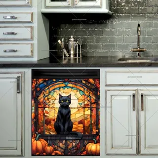 Preview of Stained Glass Black Cat and Pumpkins magnet.