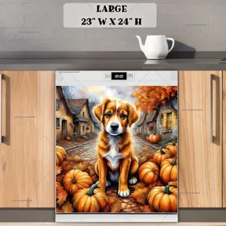 Preview of Cute Dog and Pumpkins in the Village magnet in Large size.