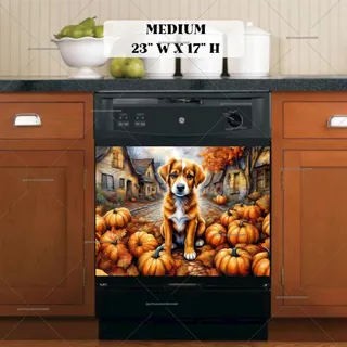 Preview of Cute Dog and Pumpkins in the Village magnet in Medium size.