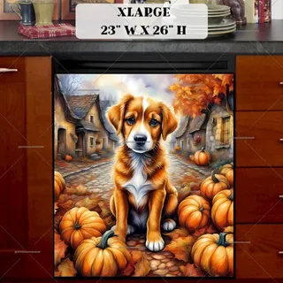 Preview of Cute Dog and Pumpkins in the Village magnet in Extra Large size.