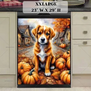 Preview of Cute Dog and Pumpkins in the Village magnet in XX Large size.