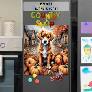 Preview of Cute Dog and Pumpkins in the Village magnet in Small size.