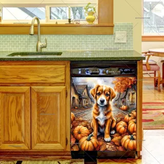 Preview of Cute Dog and Pumpkins in the Village magnet.