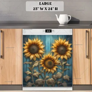 Preview of Rustic Blue Wood and Sunflowers magnet in Large size.