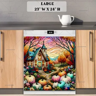 Preview of Stained Glass Autumn Cottage magnet in Large size.