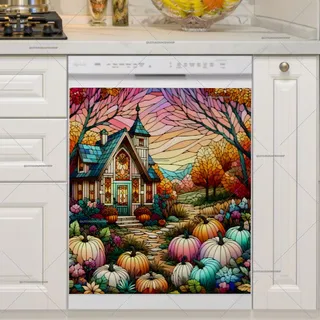 Preview of Stained Glass Autumn Cottage magnet.