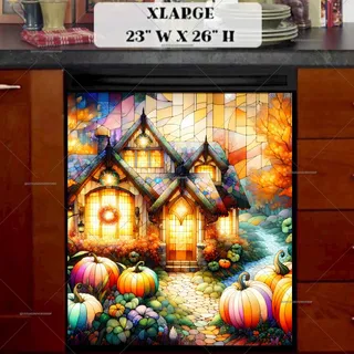 Preview of Stained Glass Thanksgiving Cottage magnet in Extra Large size.