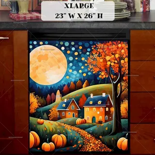 Preview of Cottages and Pumpkins in the Moonlight magnet in Extra Large size.