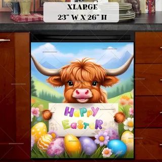 Preview of Cute Easter Highland Cow Greeting magnet in Extra Large size.