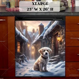 Preview of Winter Puppy in an Old Village magnet in Extra Large size.