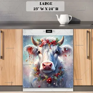 Preview of Festive White Christmas Cow magnet in Large size.