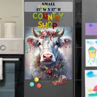 Preview of Festive White Christmas Cow magnet in Small size.