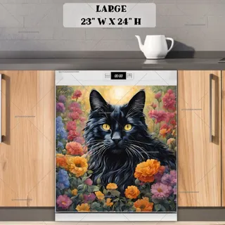 Preview of Black Maine Coon Cat and Flowers magnet in Large size.