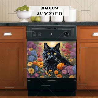 Preview of Black Maine Coon Cat and Flowers magnet in Medium size.