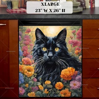 Preview of Black Maine Coon Cat and Flowers magnet in Extra Large size.