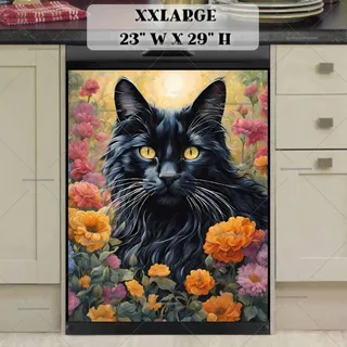 Preview of Black Maine Coon Cat and Flowers magnet in XX Large size.