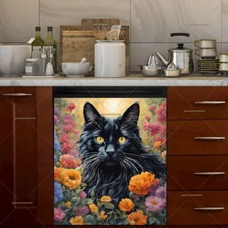 Preview of Black Maine Coon Cat and Flowers magnet.