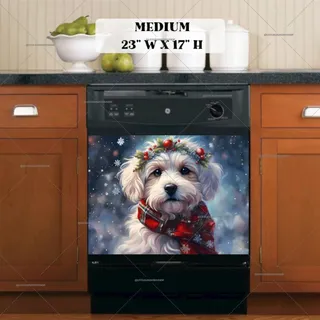 Preview of Festive White Christmas Dog magnet in Medium size.