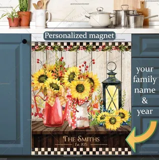 Preview of Personalized - Farmhouse Table with Sunflowers magnet.