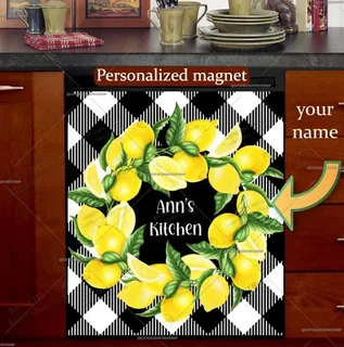 Preview of Personalized - Lemon Wreath on Buffalo Pattern magnet.