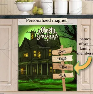 Preview of Personalized - Halloween House and Sign magnet.