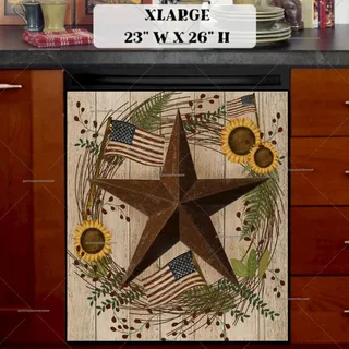 Preview of Barn Star Wreath with Sunflowers and Flags magnet in Extra Large size.